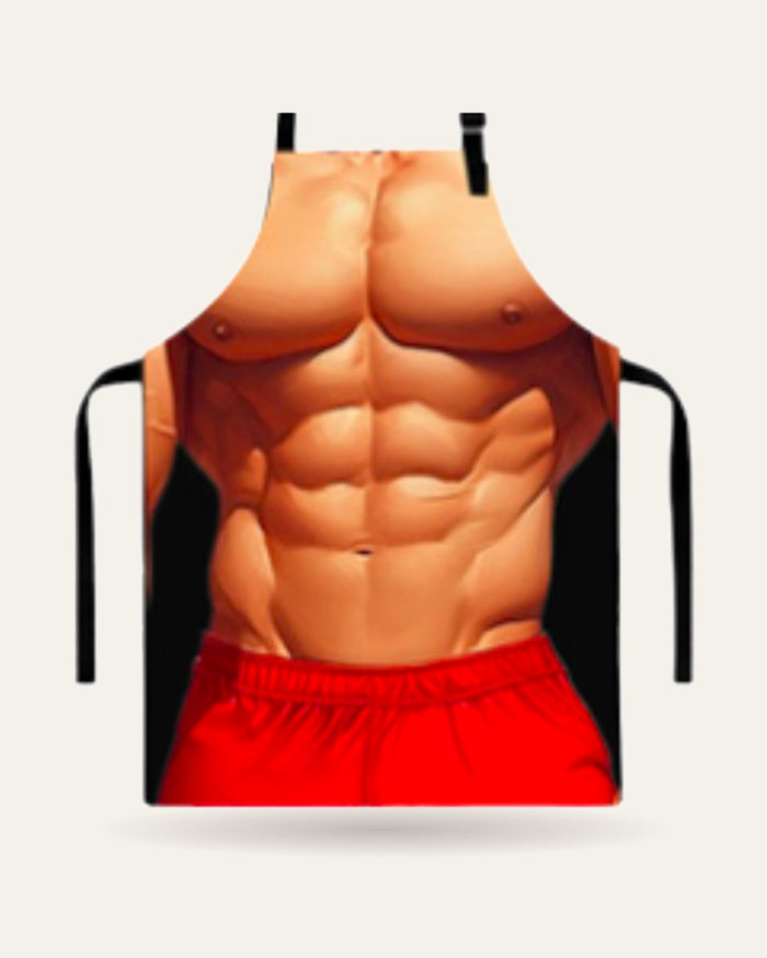 Six-Pack Muscle Man Apron – Funny Bodybuilder Print with Red Shorts